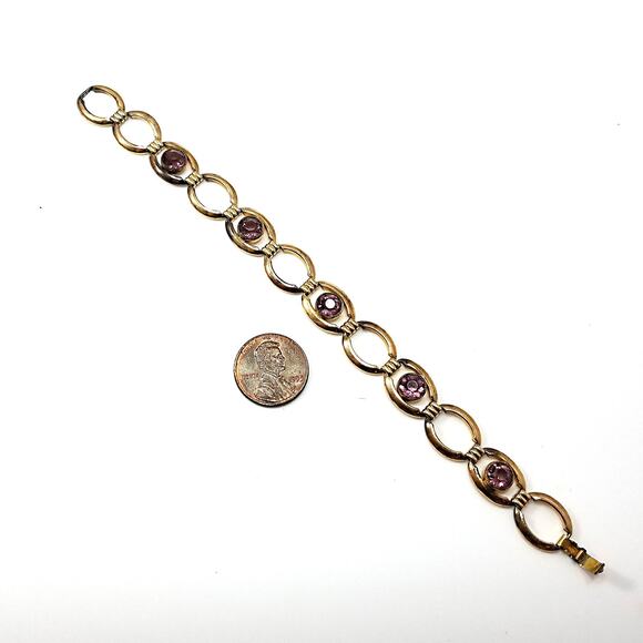 Vintage Simmons Bracelet Purple Glass Gold Tone Links 1920 1940 Egyptian Revival - Picture 8 of 10